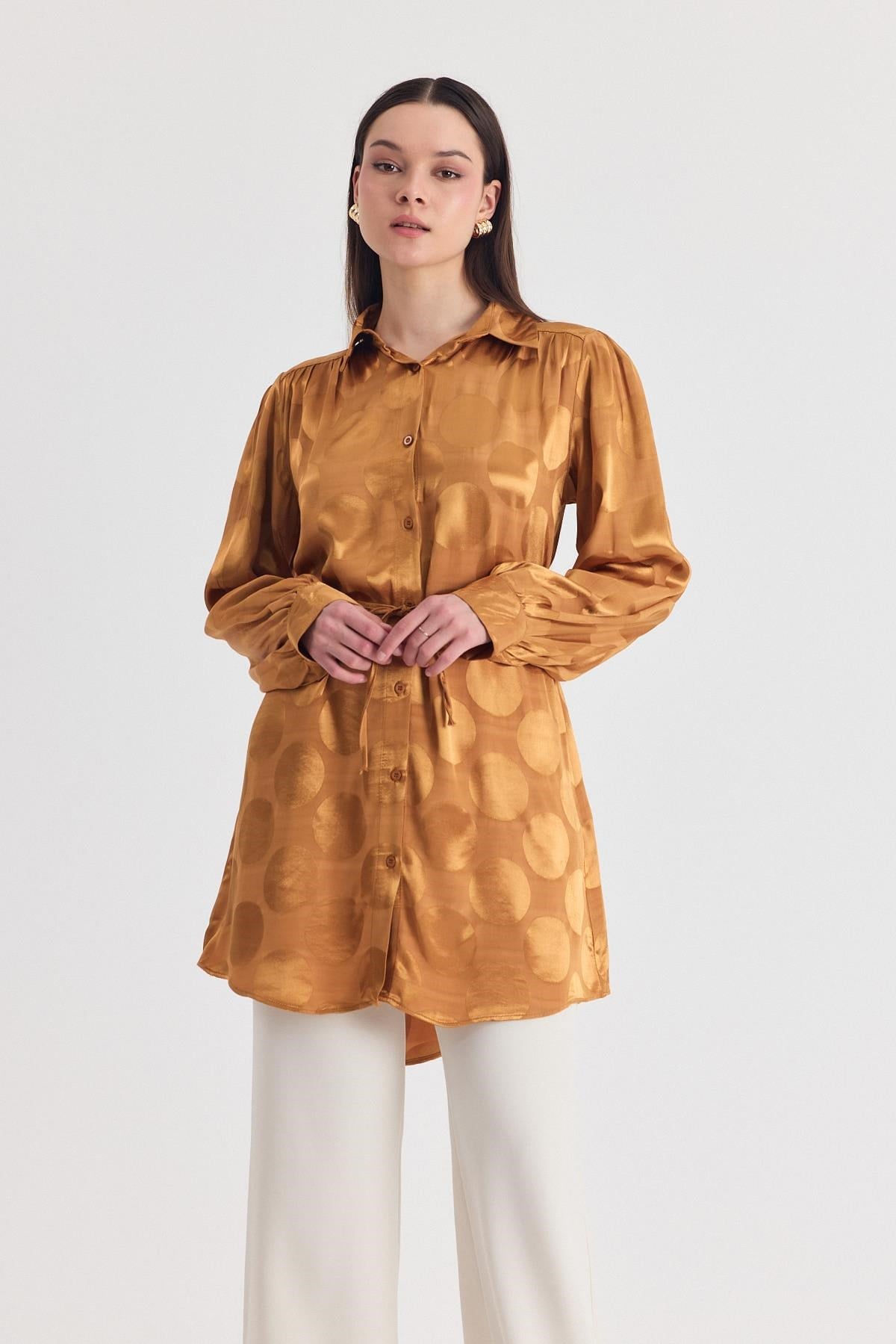 Kadın Tunik-Camel Puantiye Desen İp Bağcık Saten Gömlek 4690A-rulem