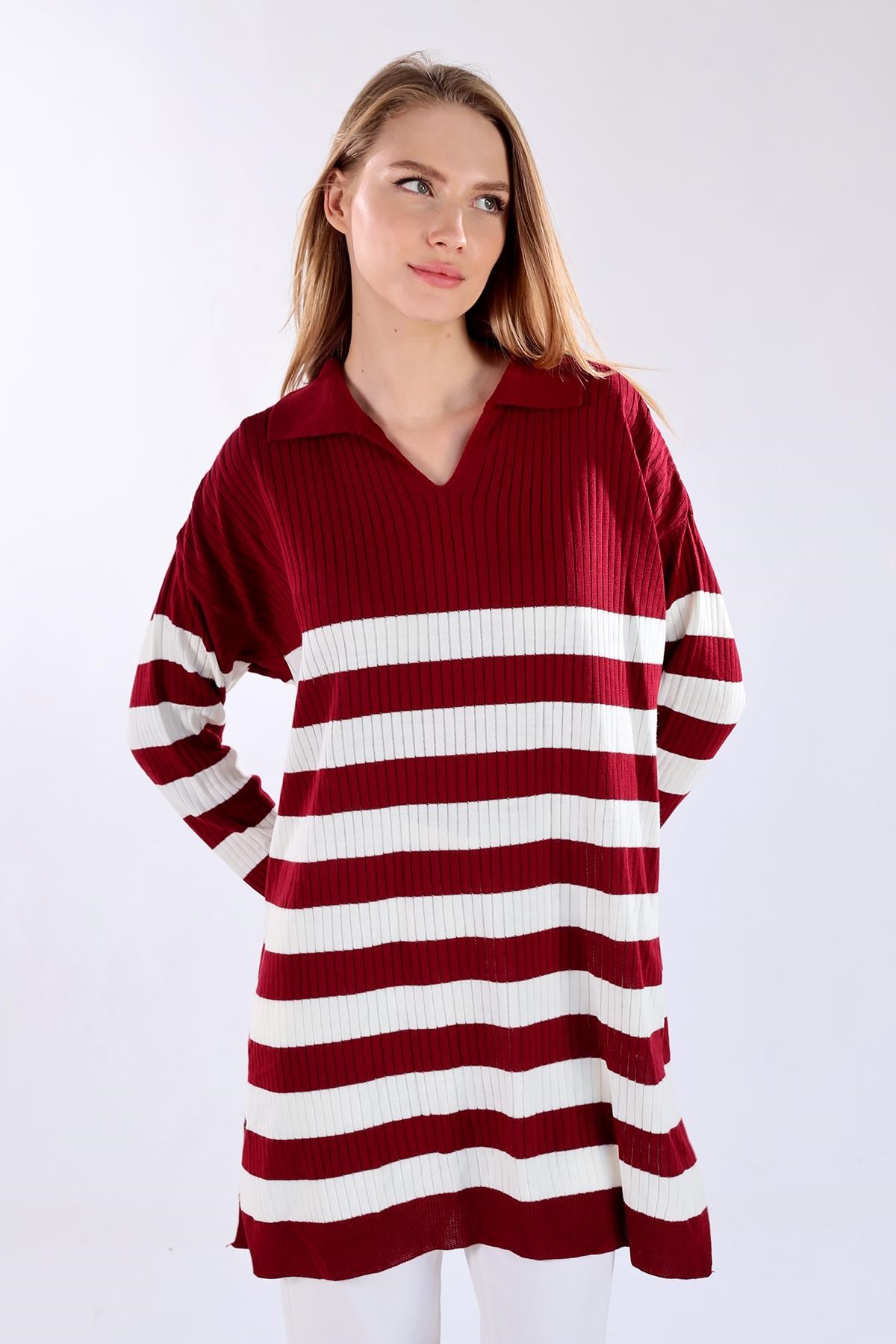 Kadın Tunik-Çizgili Fitilli Triko Tunik 5335 Bordo -rulem