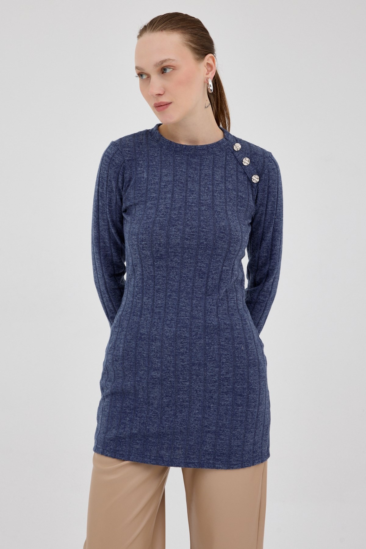 Kadın Tunik-Laci Düğme Detaylı Çizgili Triko Tunik 8132A-rulem
