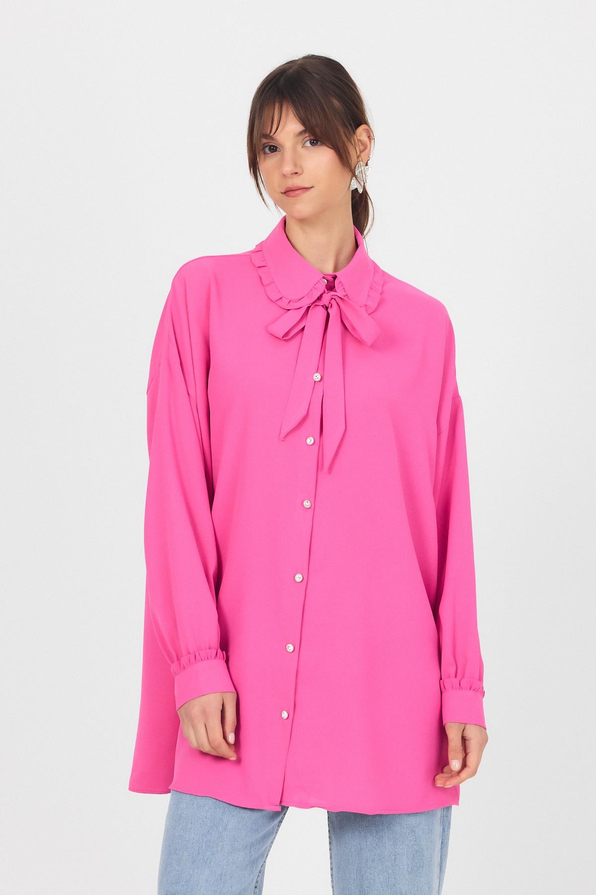 Kadın Tunik-Pembe Fırfır Yaka Detaylı Bağlamalı Tunik 4586A-rulem