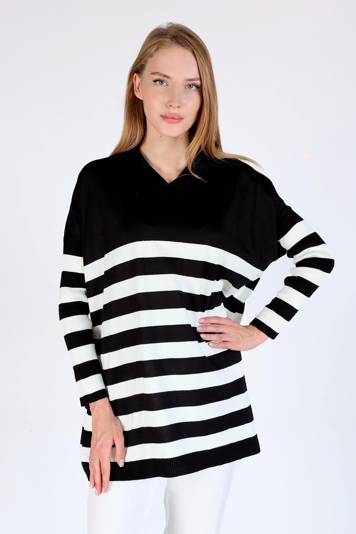 Kadın Tunik-Polo Yaka Çizgili Tunik 5340 Siyah -rulem