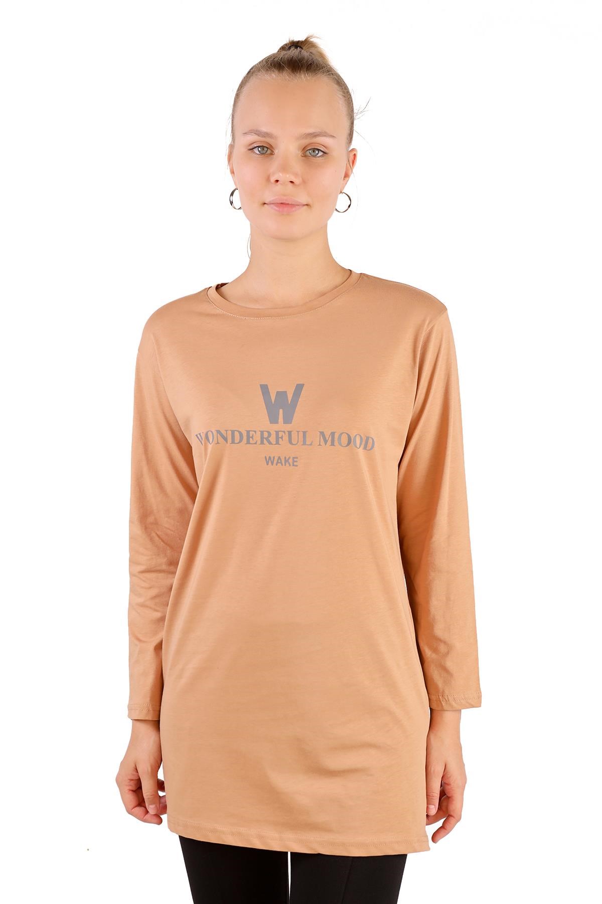 Kadın Tunik-Vizon WonderFul Baskılı Uzun Kol Tunik 3981-rulem