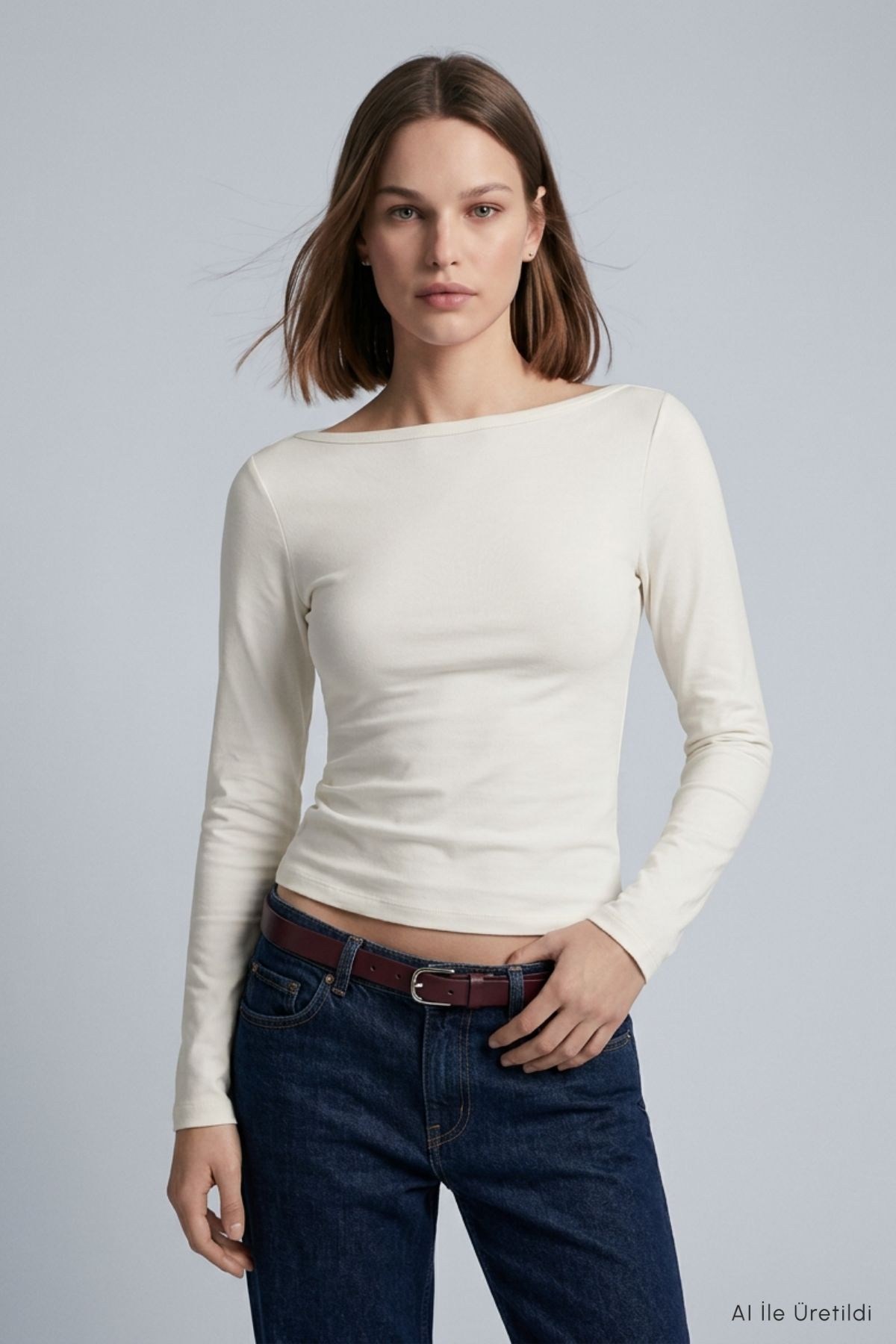 Kadın Üst Giyim-Kadın Body-Kayık Yaka Basic Penye Body 744 Ekru-rulem