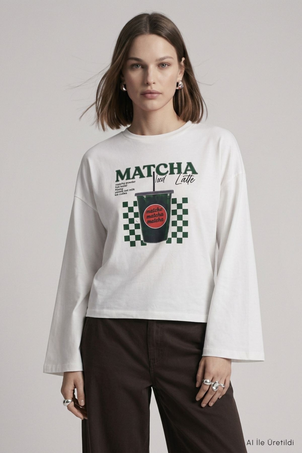 Kadın Üst Giyim-Kadın Body-Matcha Baskılı Geniş Kol Oversize Body 31153 Ekru-rulem