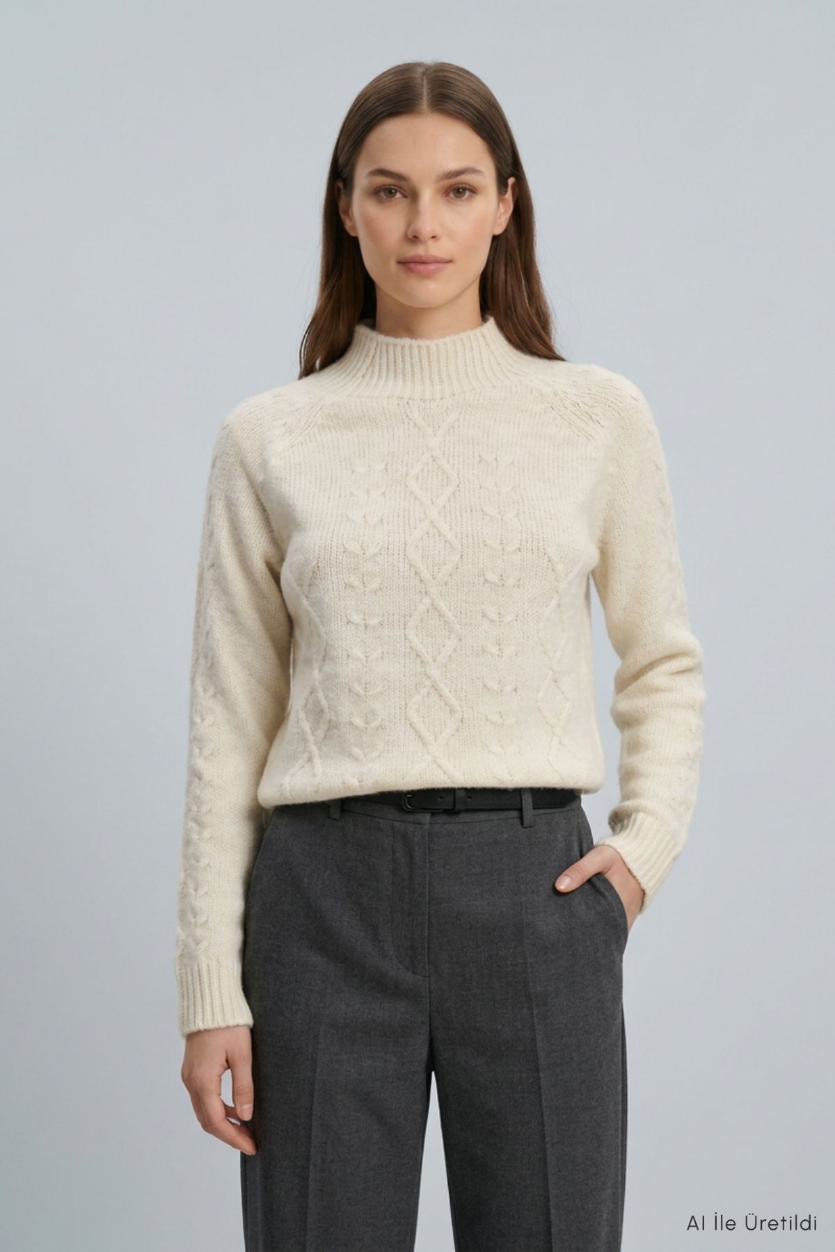 Kadın Üst Giyim-Kadın Kazak-Dik Yaka Örgülü Crop Kazak 2585 Ekru-rulem