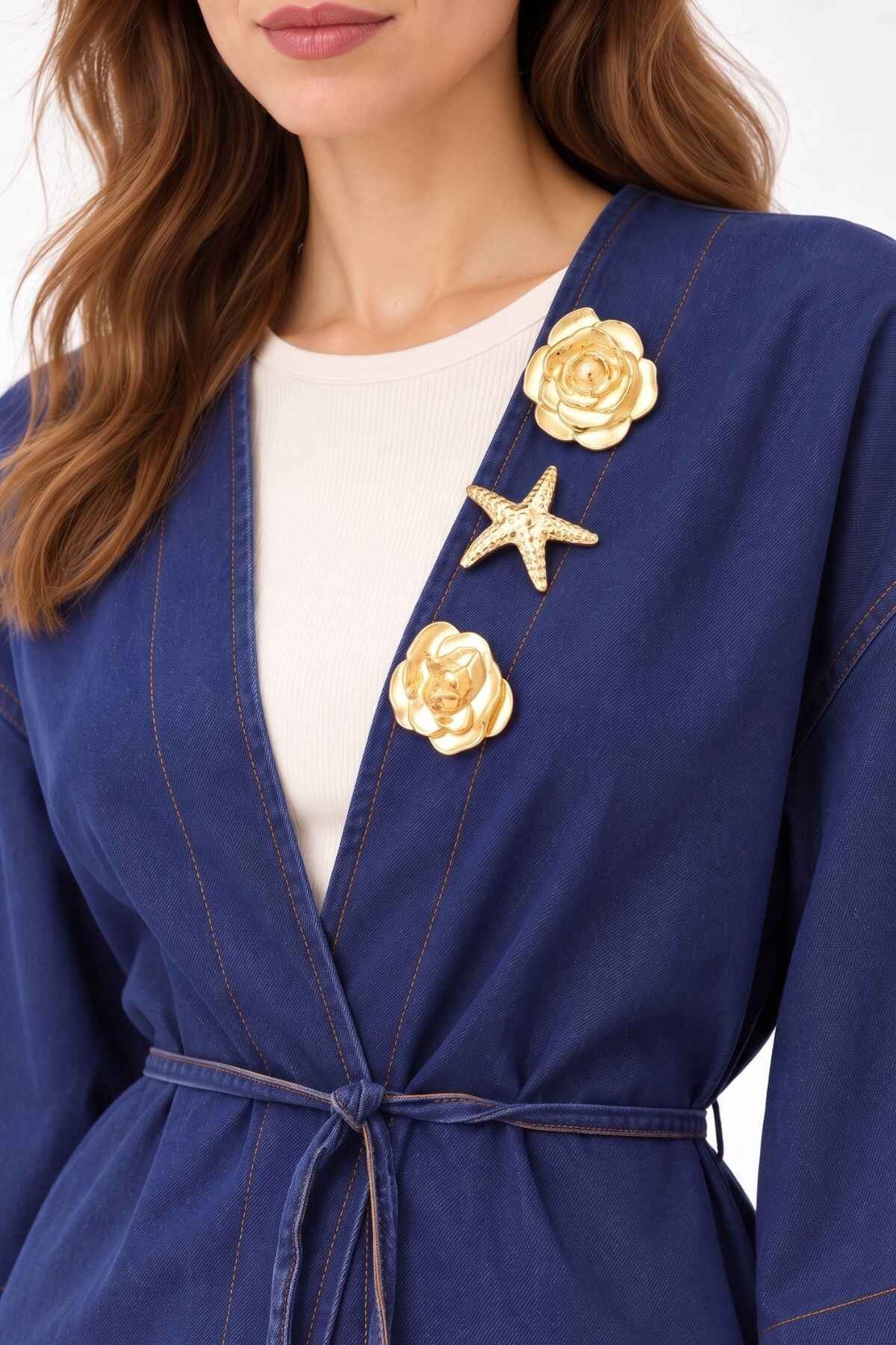 Kadın Üst Giyim-Kadın Kimono-Deniz Kabuğu Detaylı Uzun Kot Kimono 3530 Koyu Mavi-rulem