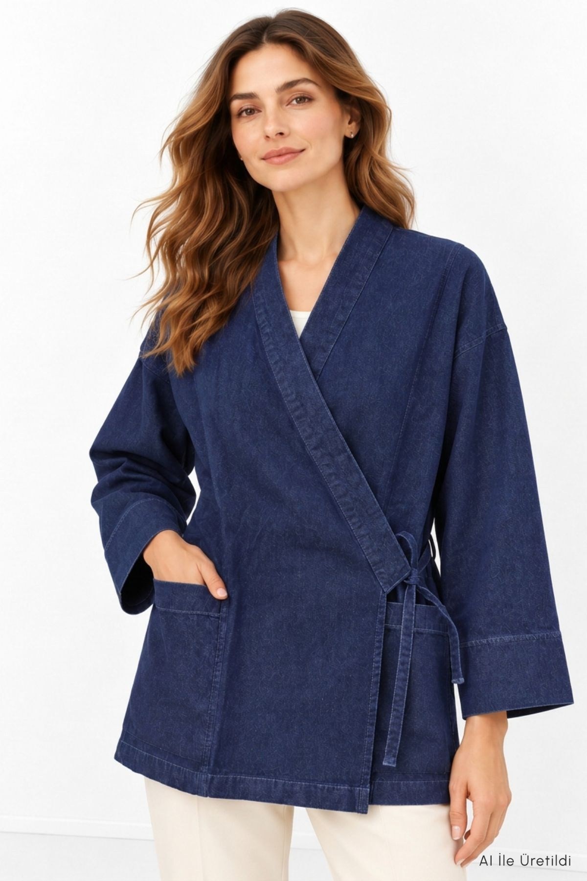 Kadın Üst Giyim-Kadın Kimono-Yandan Bağlamalı Kot Kimono 3516 Koyu Mavi-rulem