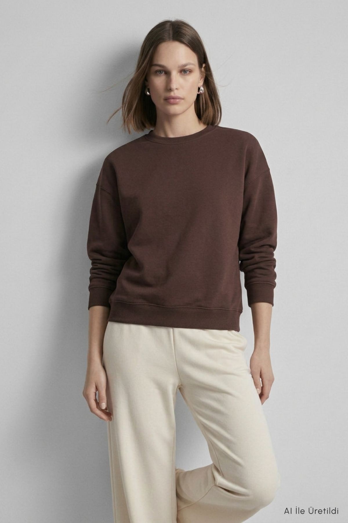 Kadın Üst Giyim-Kadın Sweatshirt-Bisiklet Yakalı Basic Oversize Sweatshirt 954 Kahve-rulem