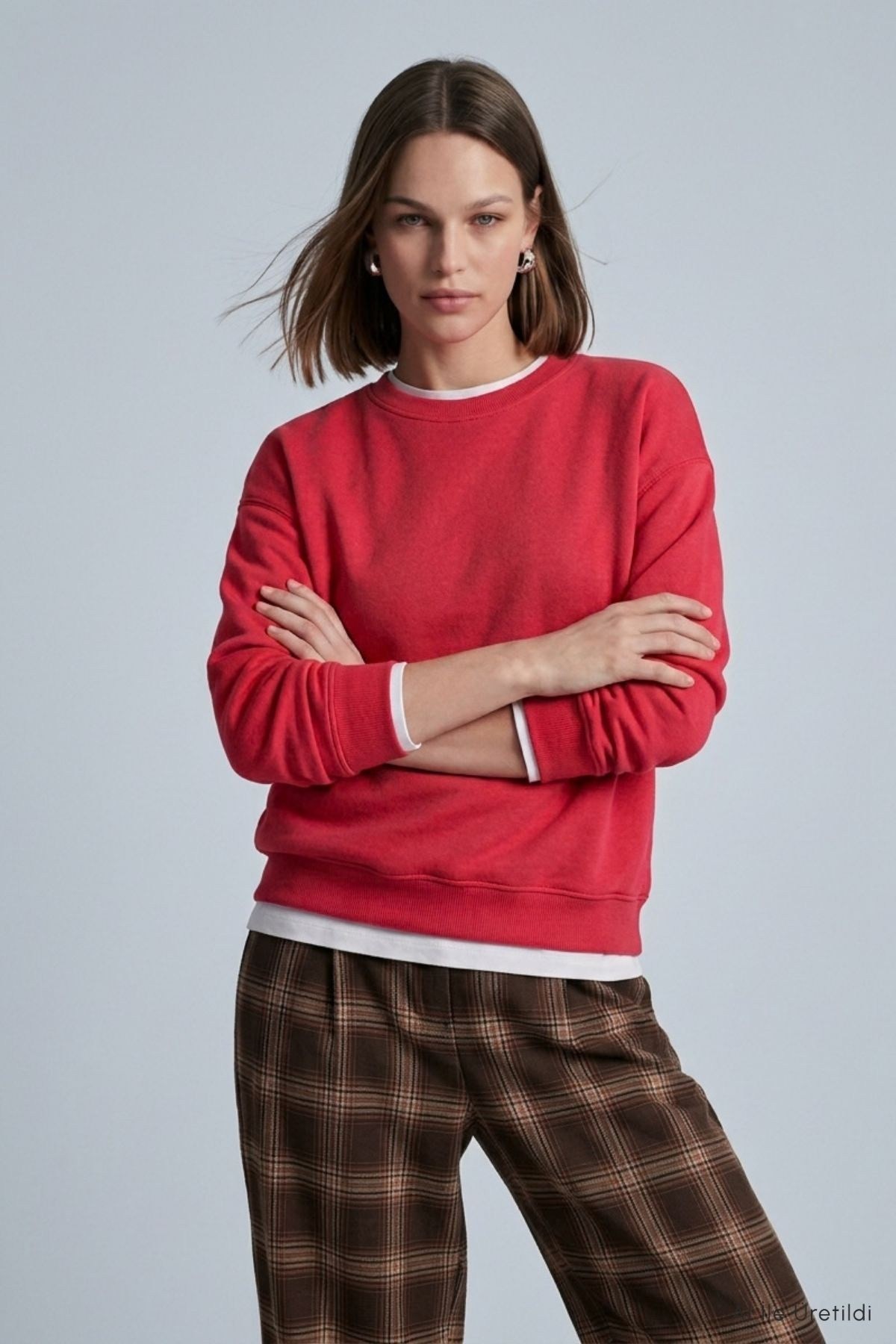 Kadın Üst Giyim-Kadın Sweatshirt-Bisiklet Yakalı Basic Oversize Sweatshirt 954 Kırmızı-rulem