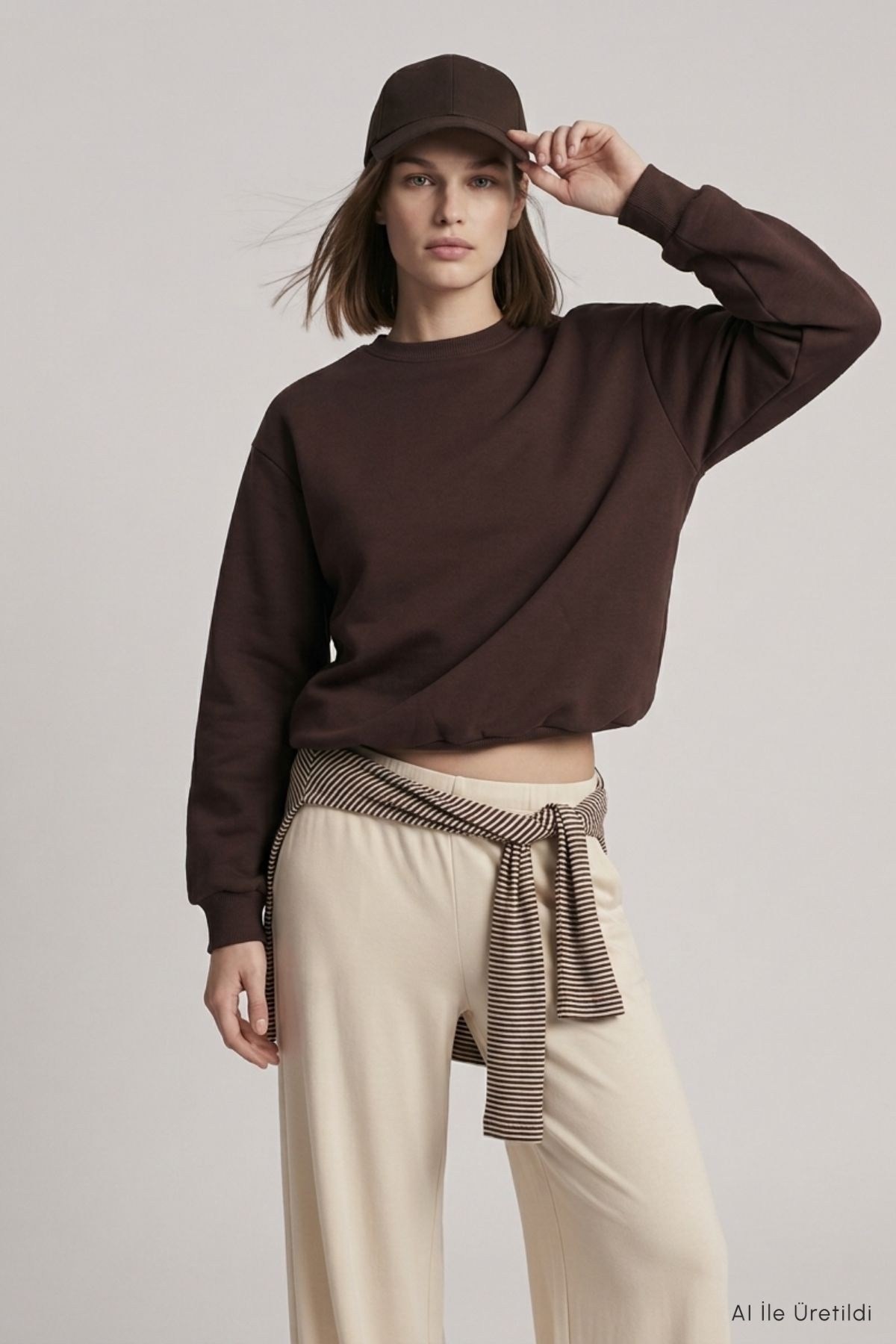 Kadın Üst Giyim-Kadın Sweatshirt-Yarasa Kollu Beli Lastikli  Crop Sweatshirt 979 Kahve-rulem