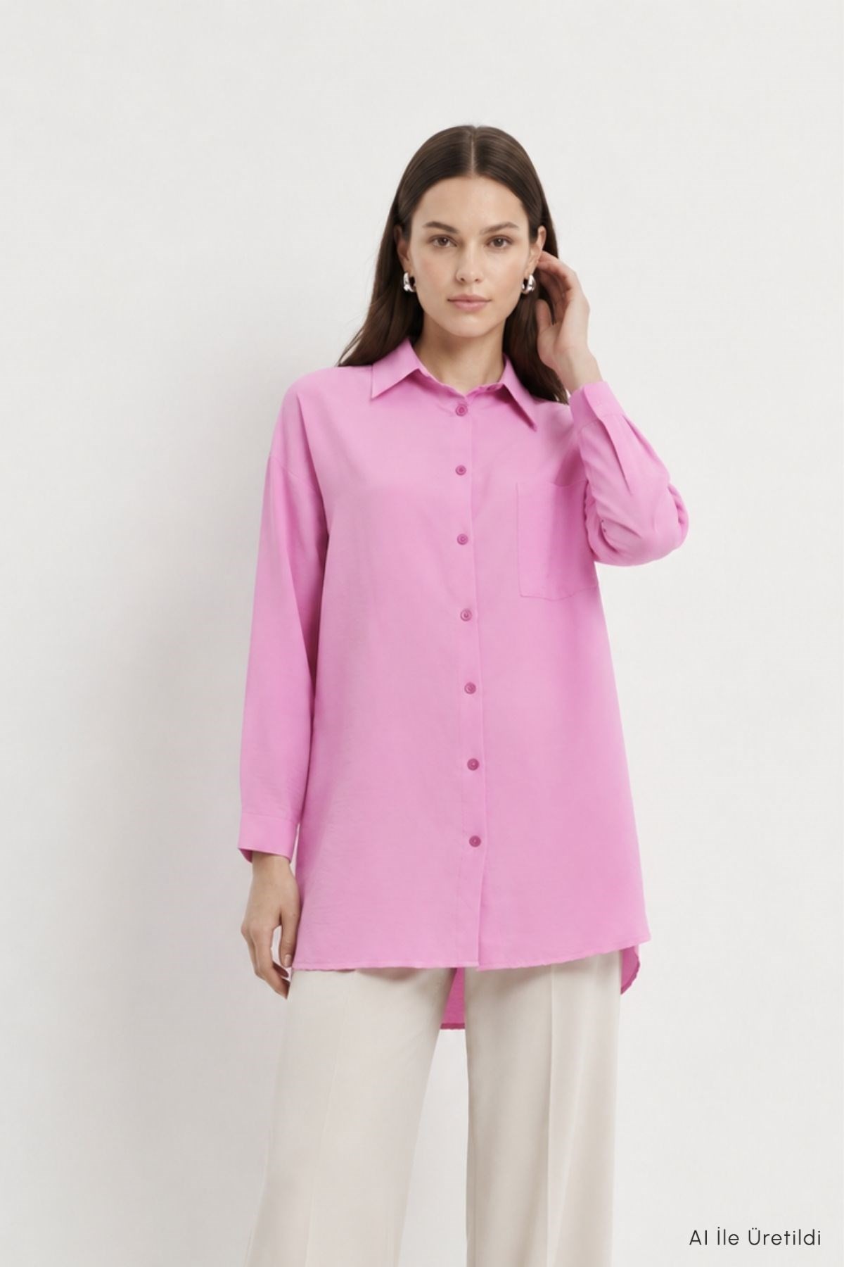 Kadın Üst Giyim-Kadın Tunik-Cep Detaylı Düğmeli Tunik 8700 Pembe-rulem