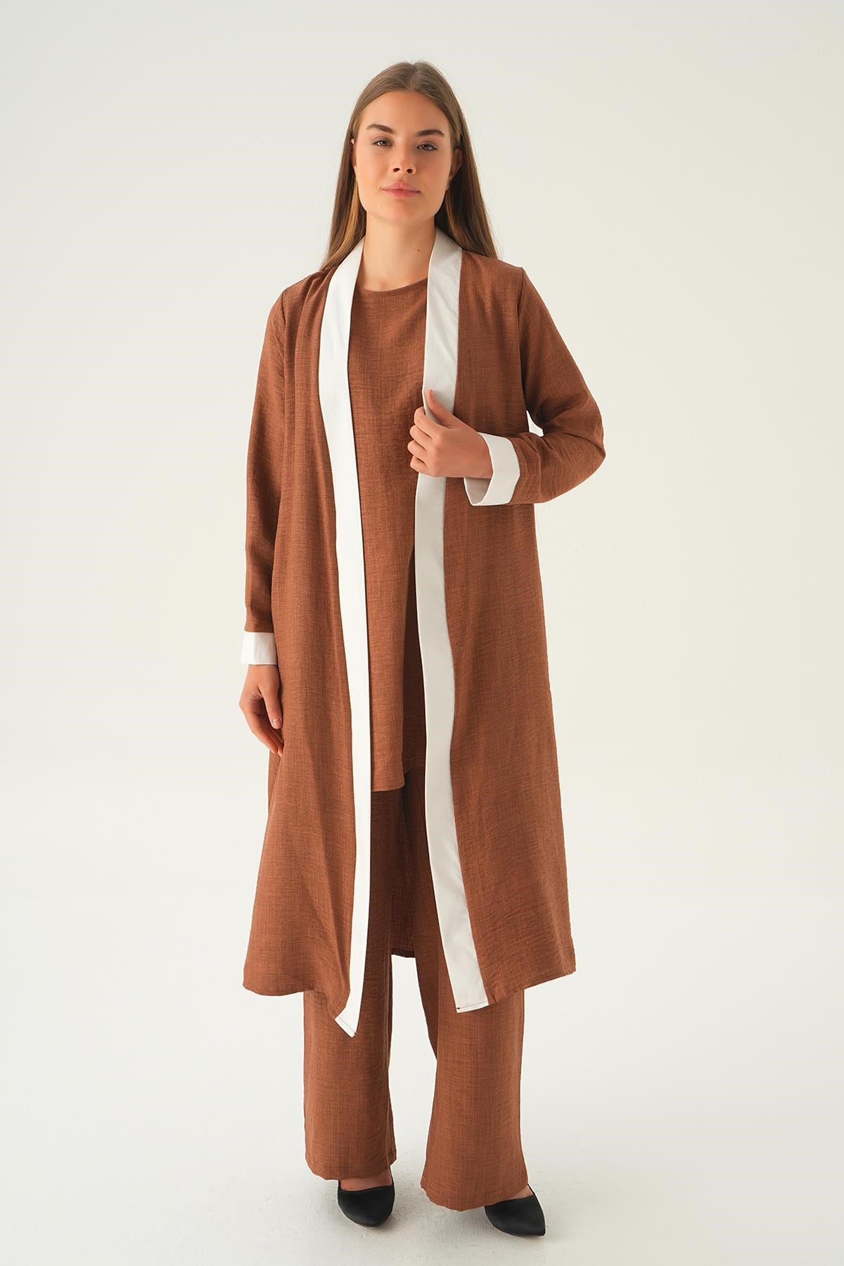 Kahve 3'lü Kimono Takım 4018A