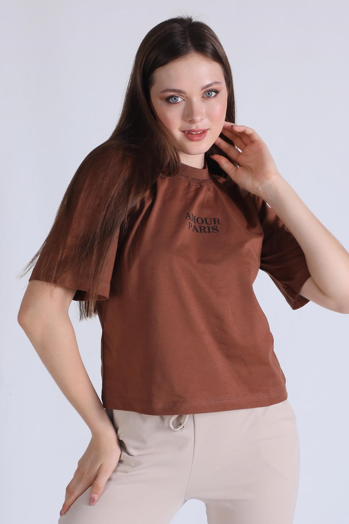 Kahve Amour Baskı Tişört 23458