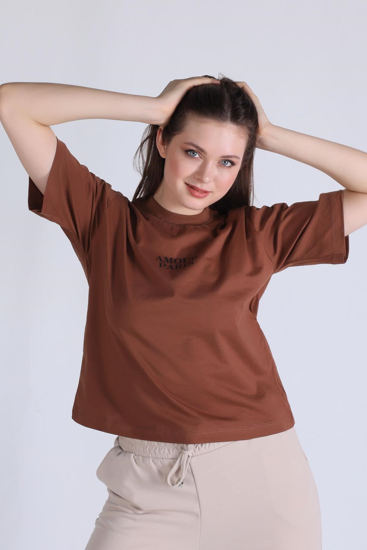 Kahve Amour Baskı Tişört 23458