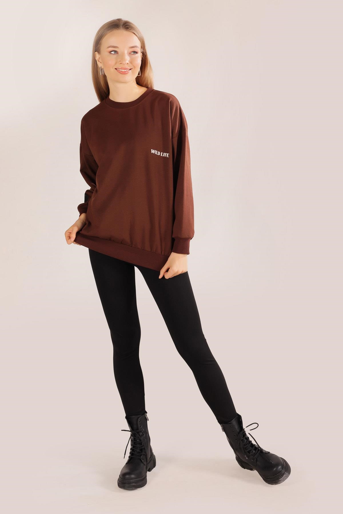 Kahve Arkası Kaplan Baskı Sweat 8632