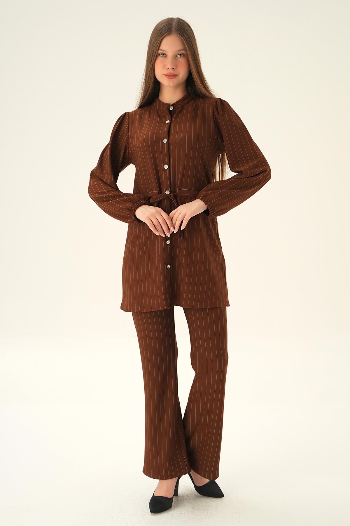 Kahve Bağlama Detay Pantolon Takım 4030A