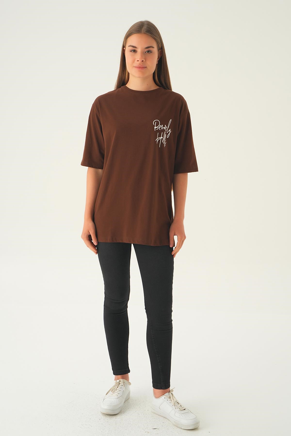 Kahve Baskılı Oversize Tişört 1707