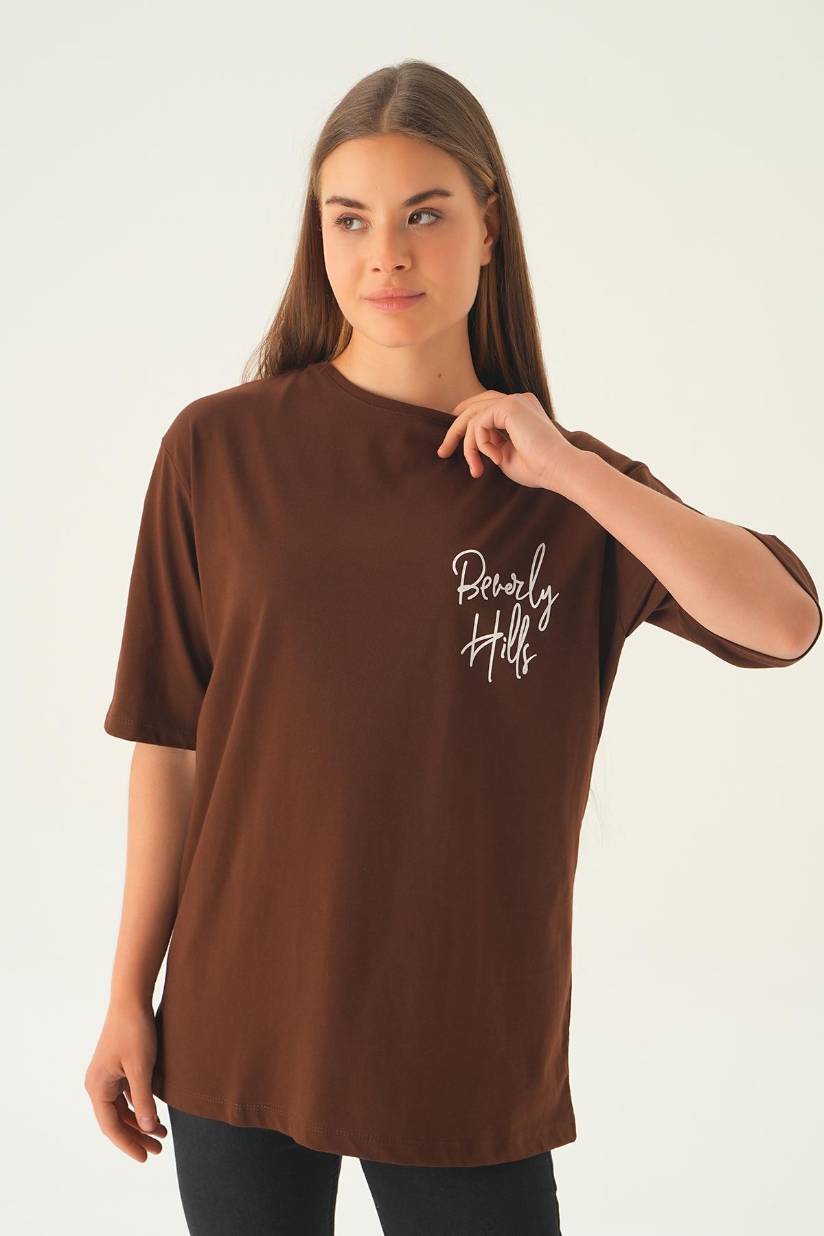 Kahve Baskılı Oversize Tişört 1707