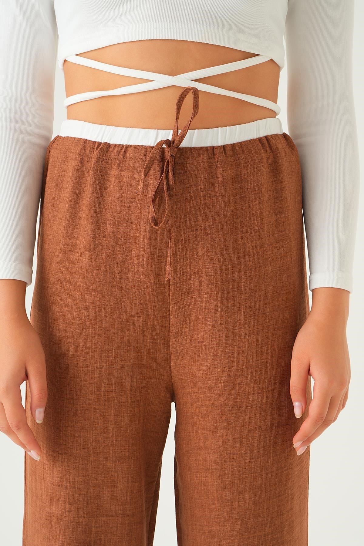 Kahve Bel Bağcık Detay Pantolon 4106A