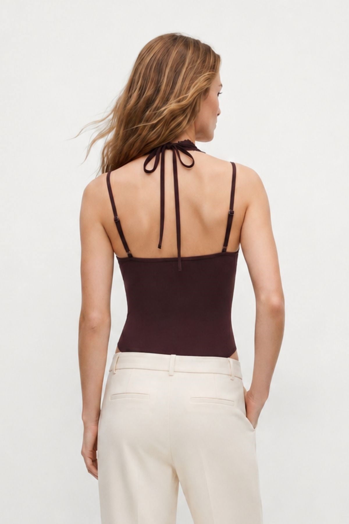 Kahve Boyundan Bağlamalı Dantel Detay Çıtçıtlı Bodysuit 0348