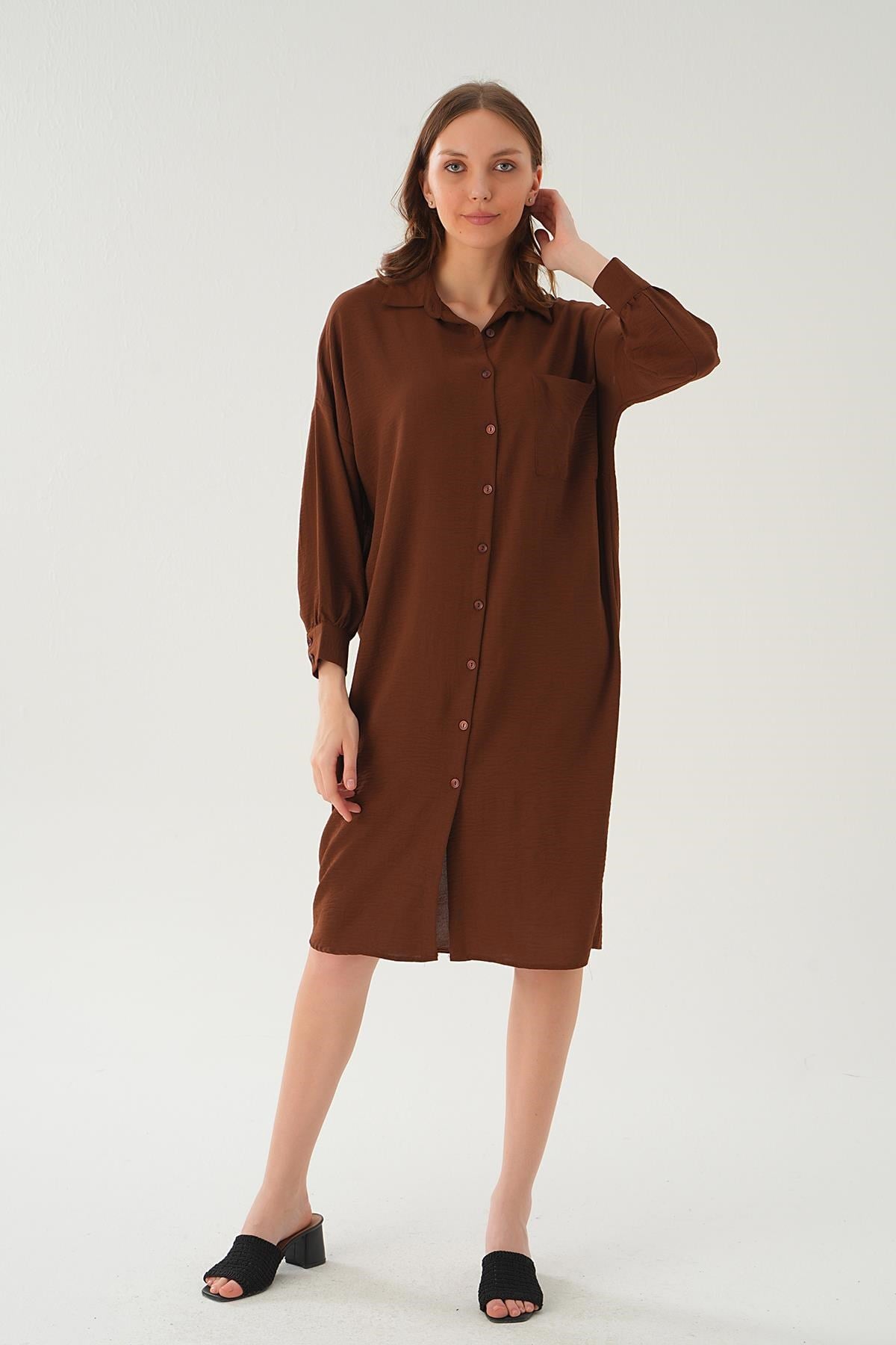 Kahve Cep Detay Uzun Tunik 6773-1