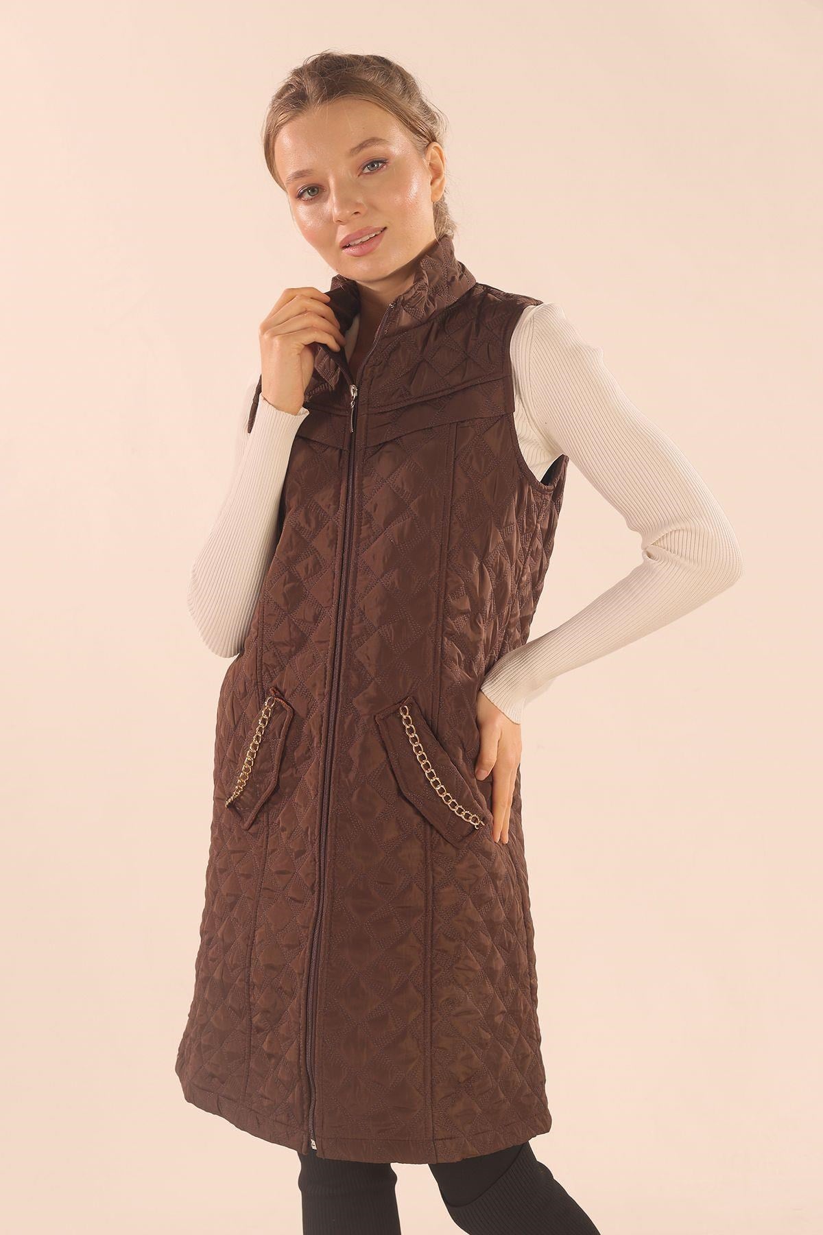 Kahve Cep Zincir Detay Yelek 9525