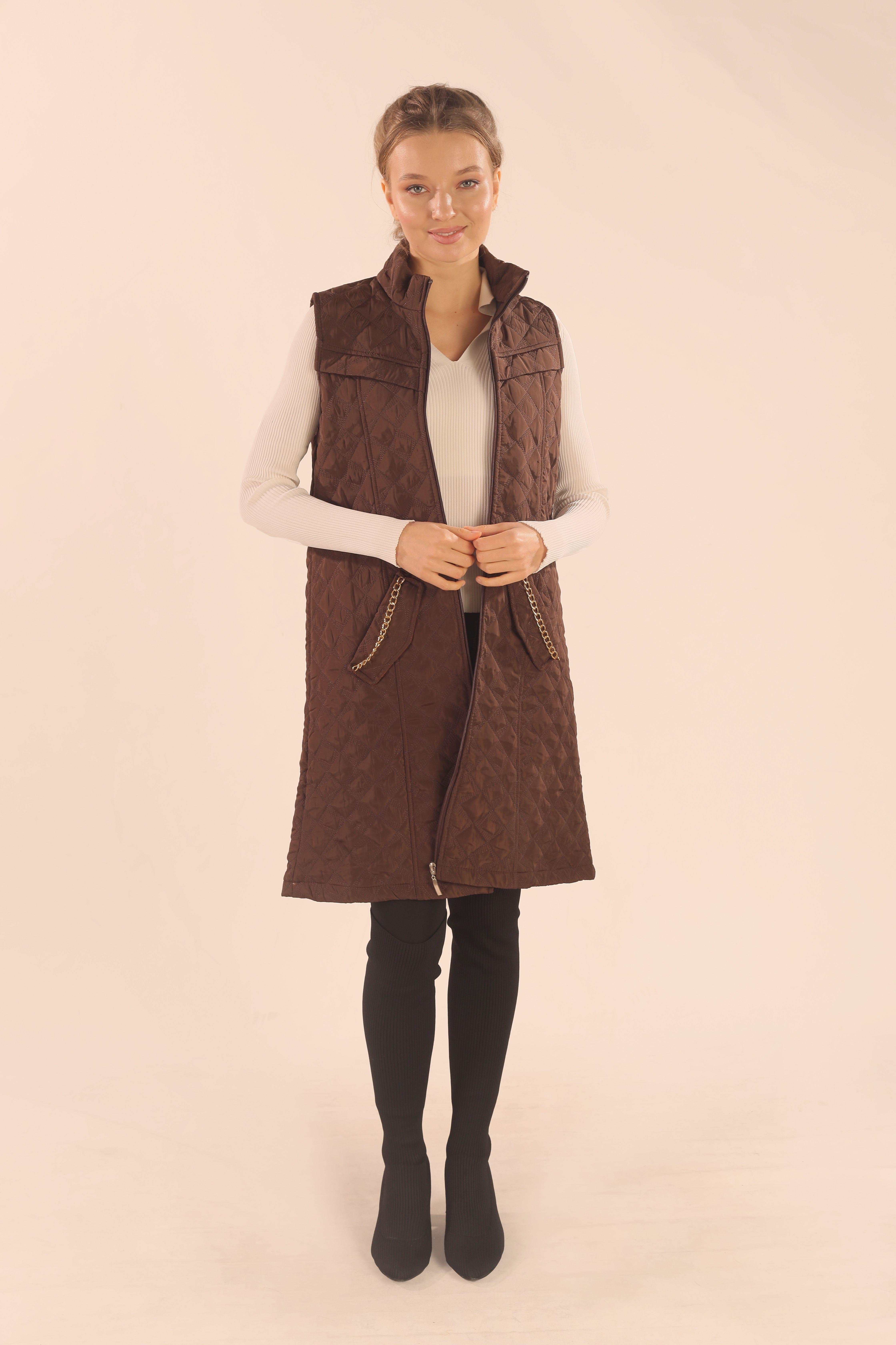 Kahve Cep Zincir Detay Yelek 9525