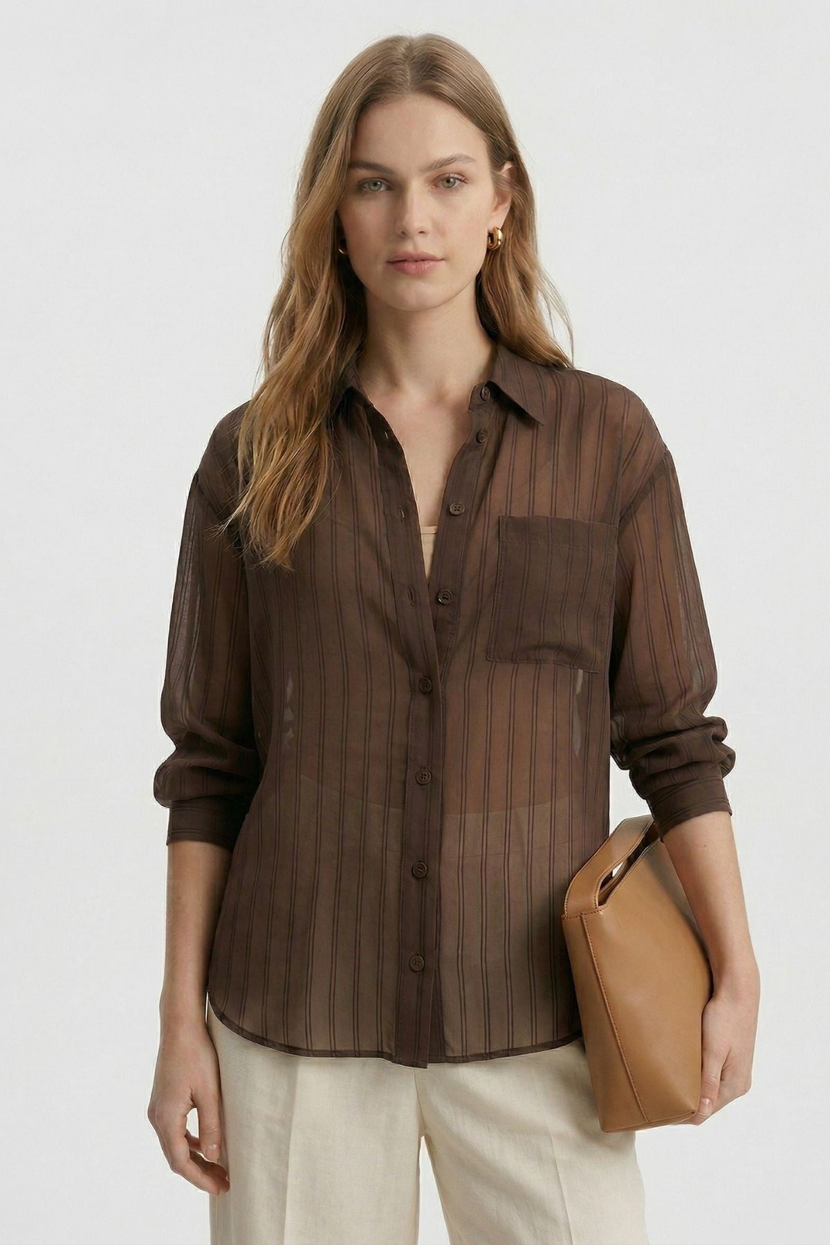 Kahve Cepli Çizgili Oversize Gömlek 5449