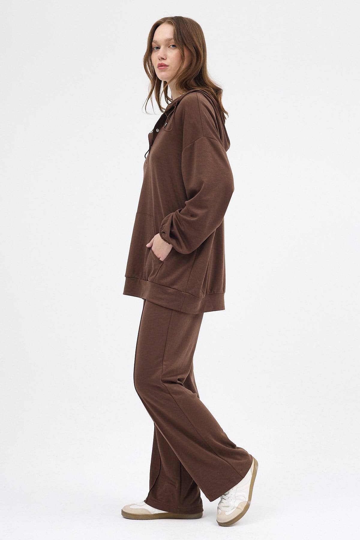 Kahve Cepli Kapüşonlu Tunik Pantolon Takımı 8105A
