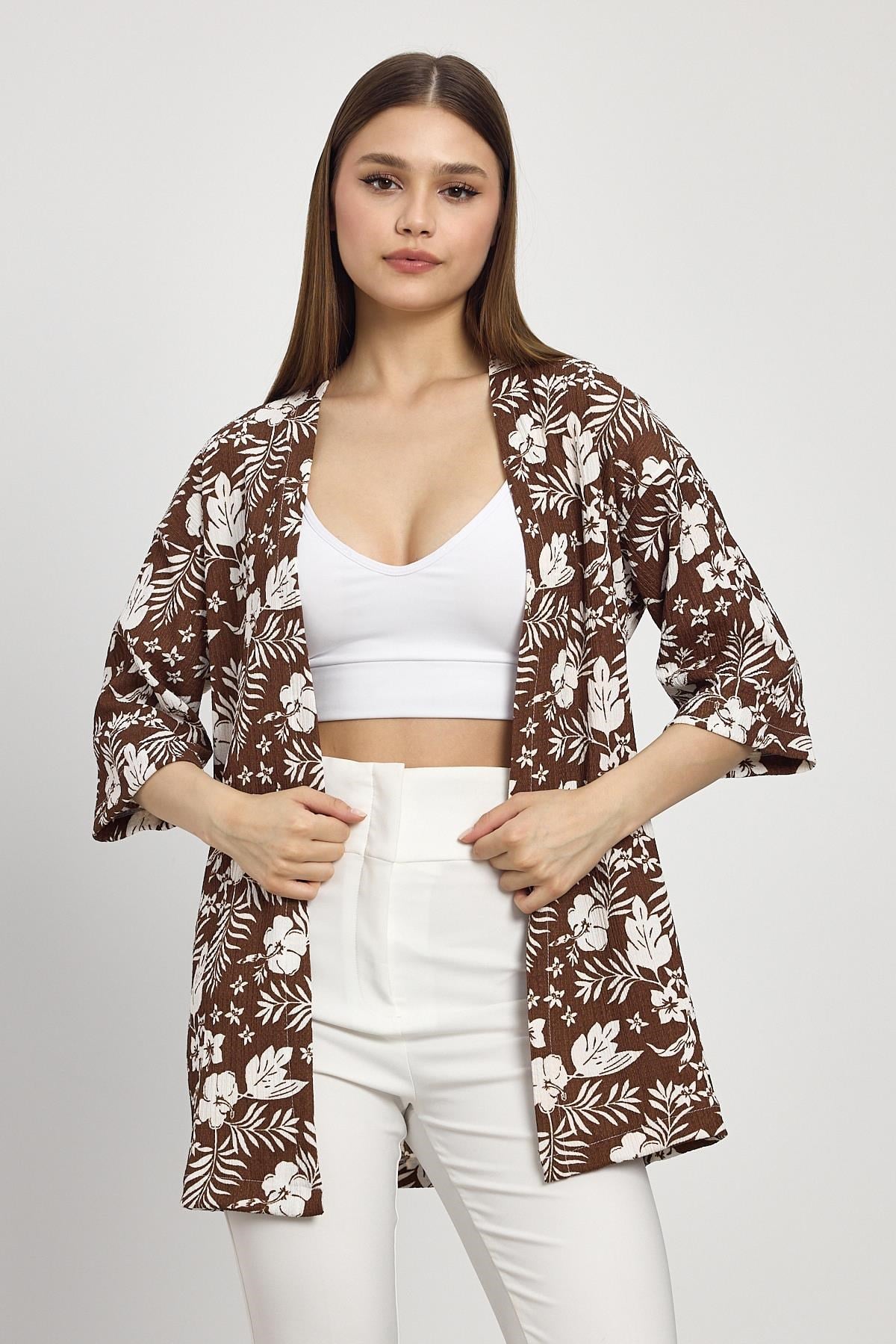 Kahve Çiçek Desen Fakir Kol Kimono 4463A