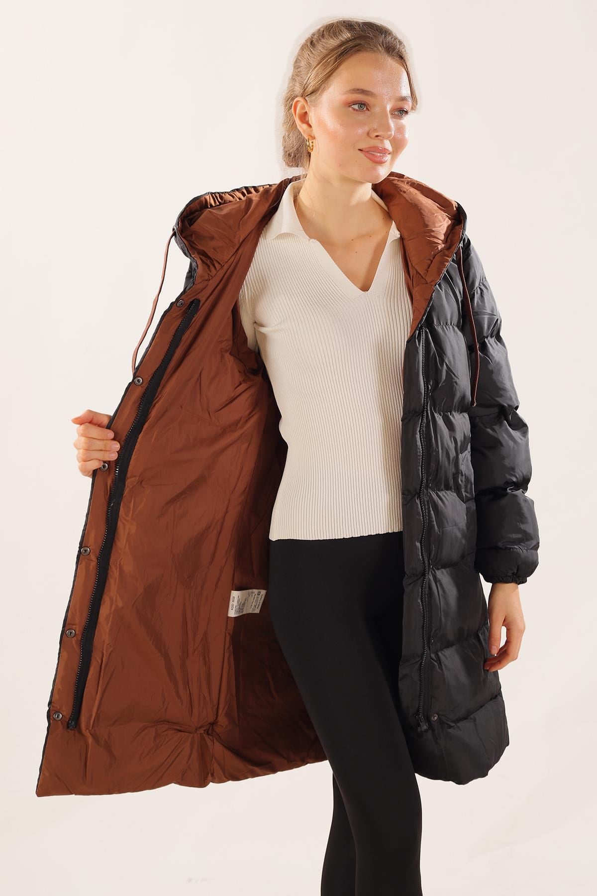 Kahve Çift Renkli Oversize Mont 0021-1
