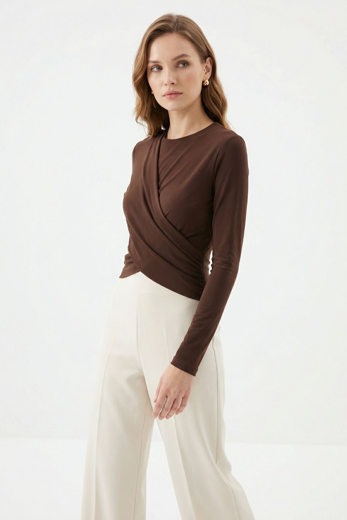 Kahve Crop Uzun Kol Bluz 251269