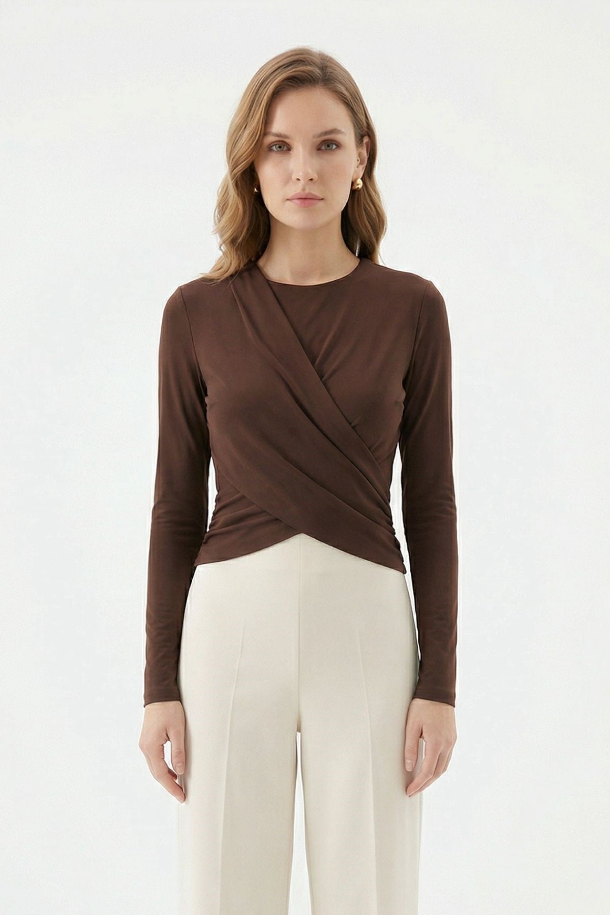 Kahve Crop Uzun Kol Bluz 251269