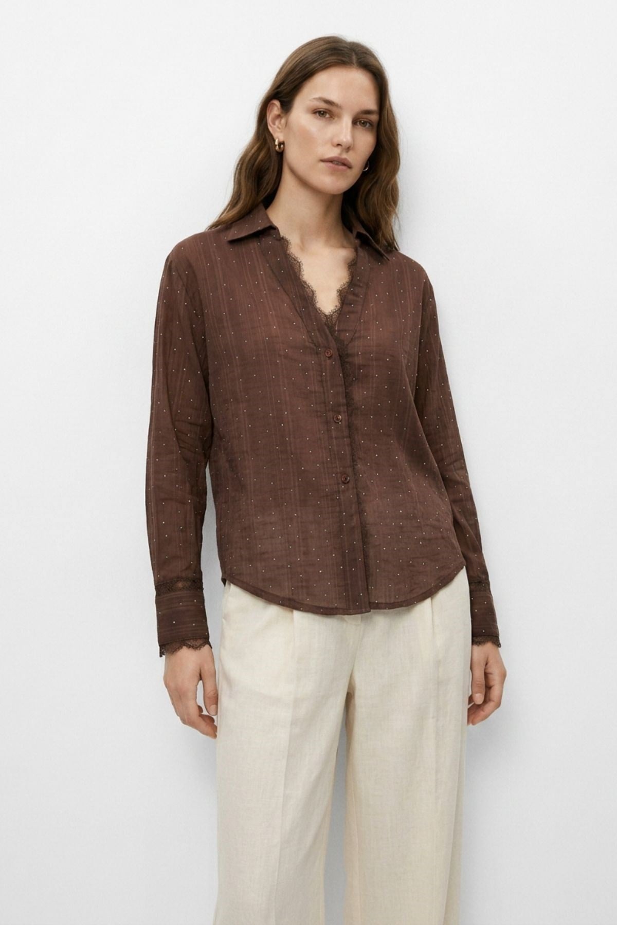 Kahve Dantelli Taşlı Gömlek 34523