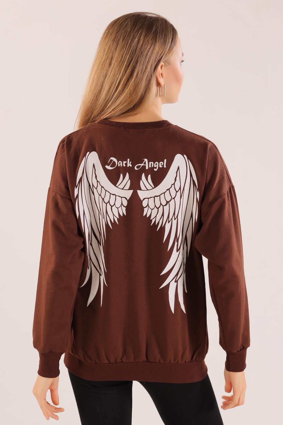 Kahve Dark Angel Baskılı Sweat 8633