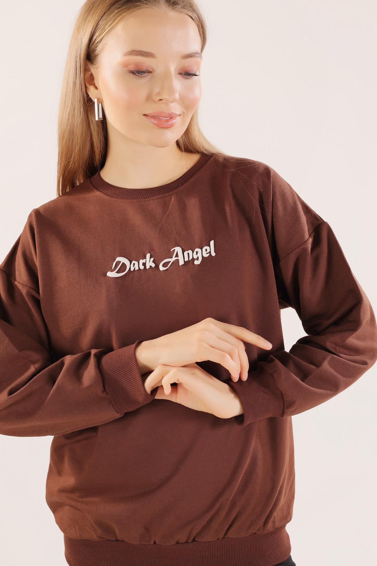Kahve Dark Angel Baskılı Sweat 8633