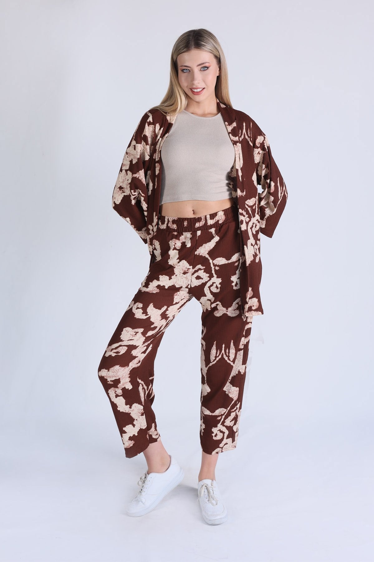 Kahve Desenli Kimono Takım 6729