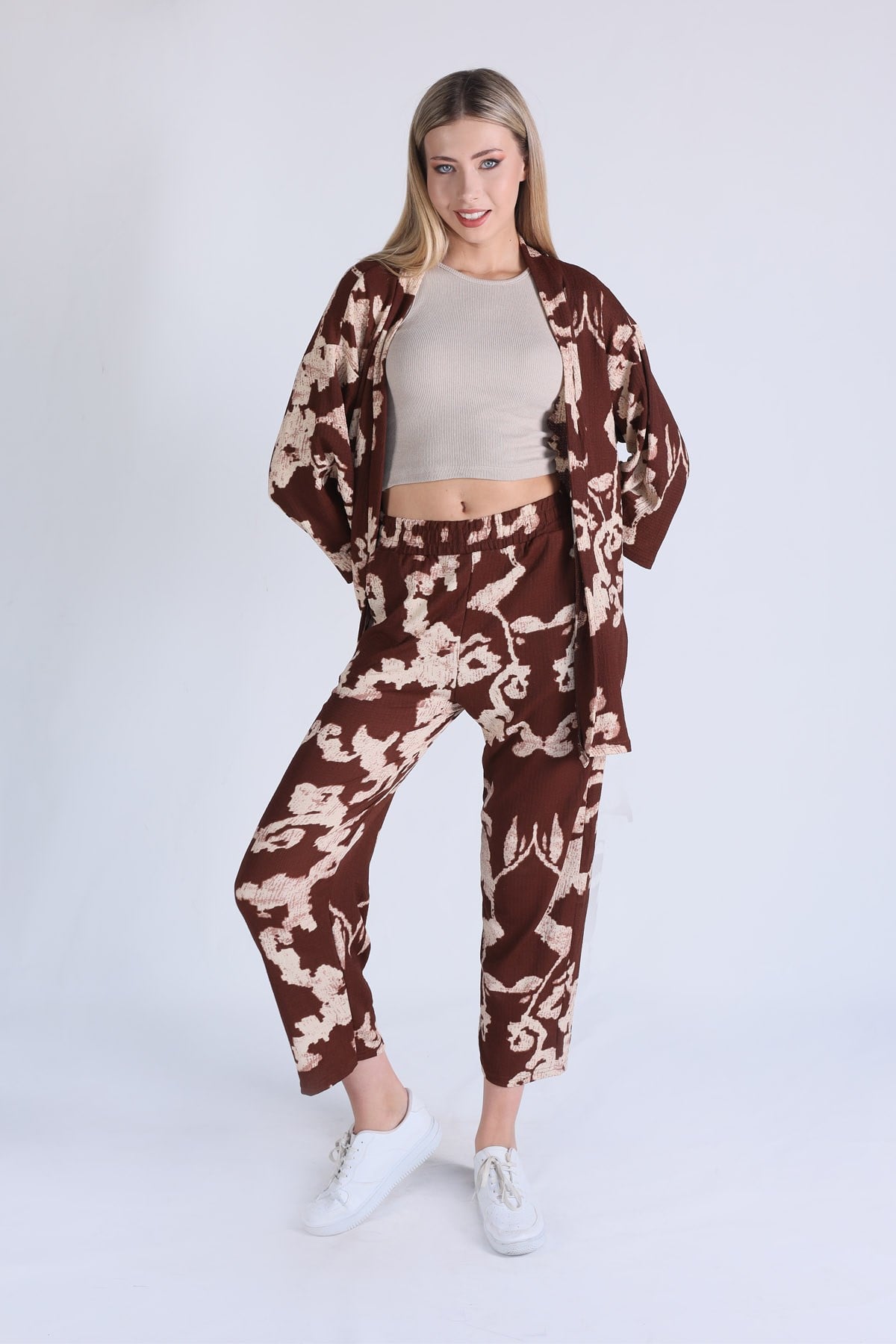 Kahve Desenli Kimono Takım 6729