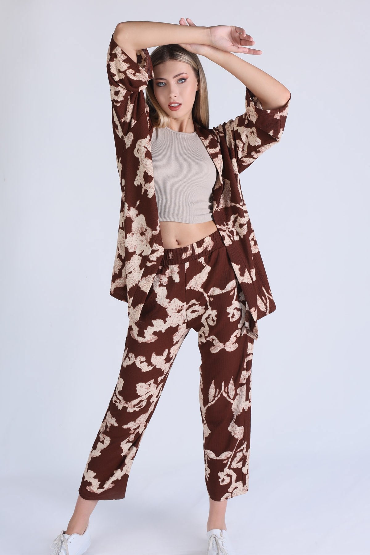 Kahve Desenli Kimono Takım 6729