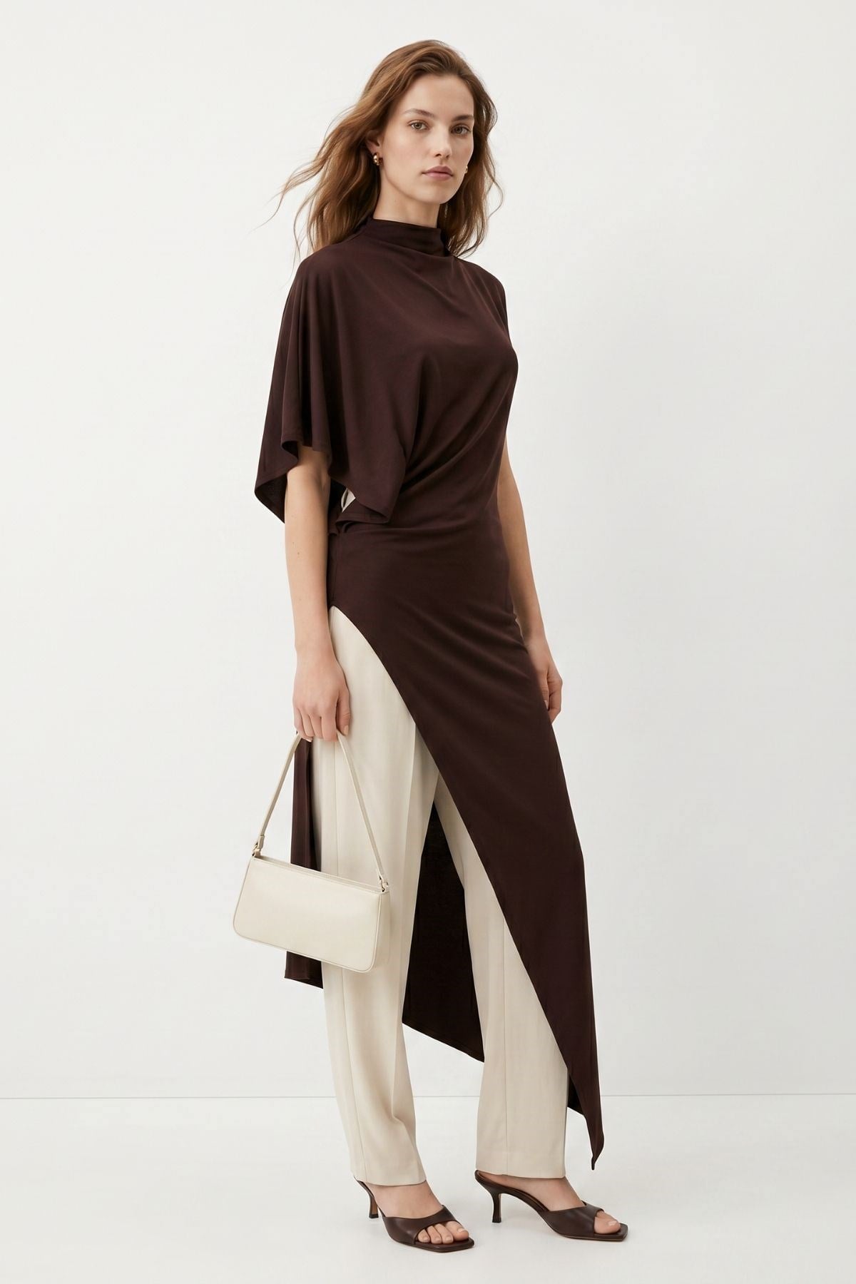 Kahve Dik Yaka Asimetrik Kesim Uzun Tunik 261659