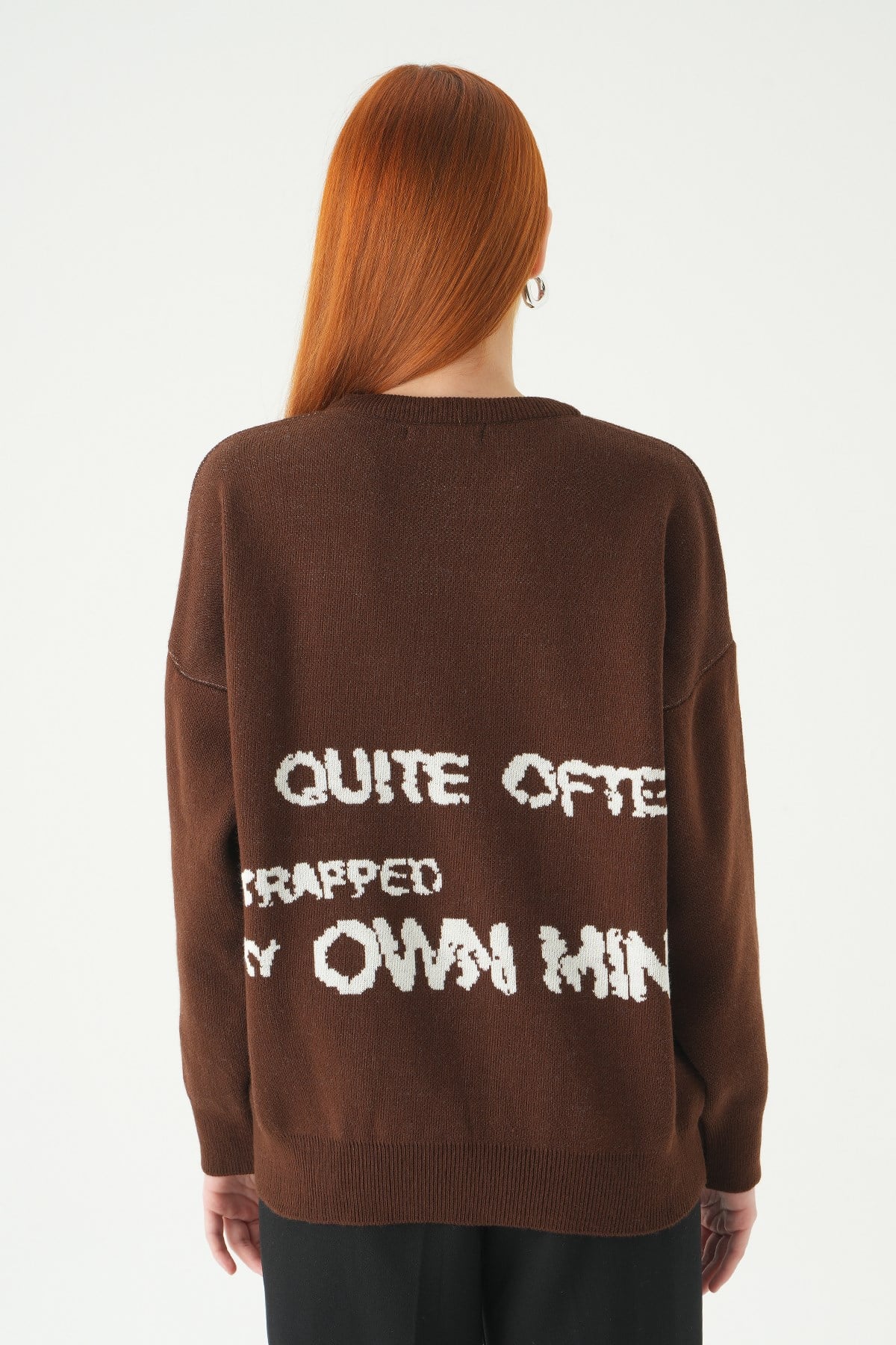Kahve - Ekru Yıldız Baskılı Oversize Kazak 2474