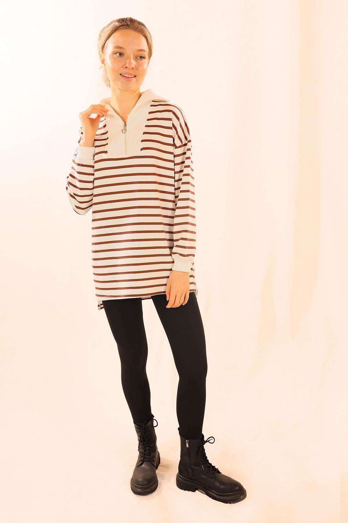 Kahve Fermuarlı Çizgili Sweat 6861