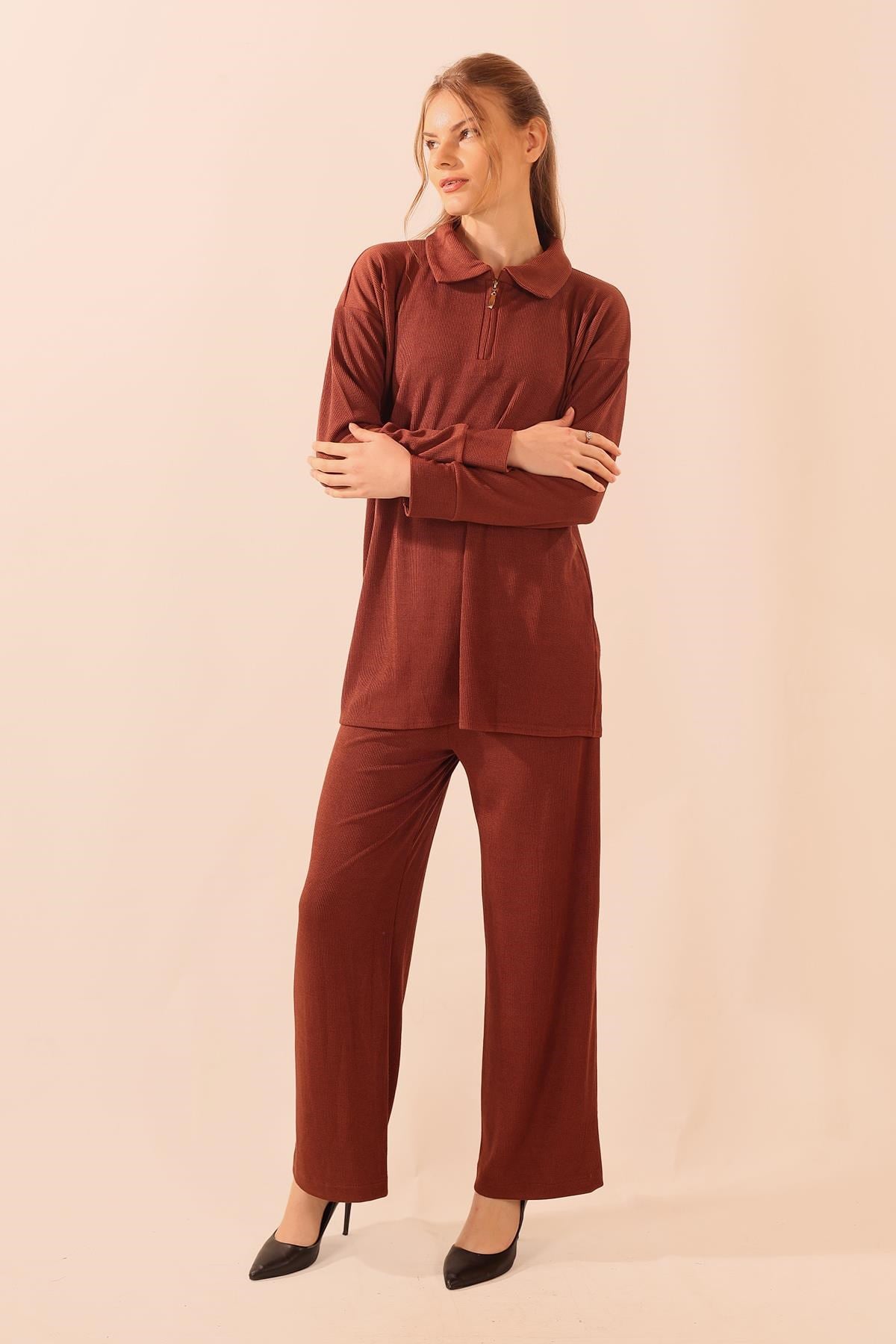 Kahve Fermuarlı Tunik Pantolon Takım 5471