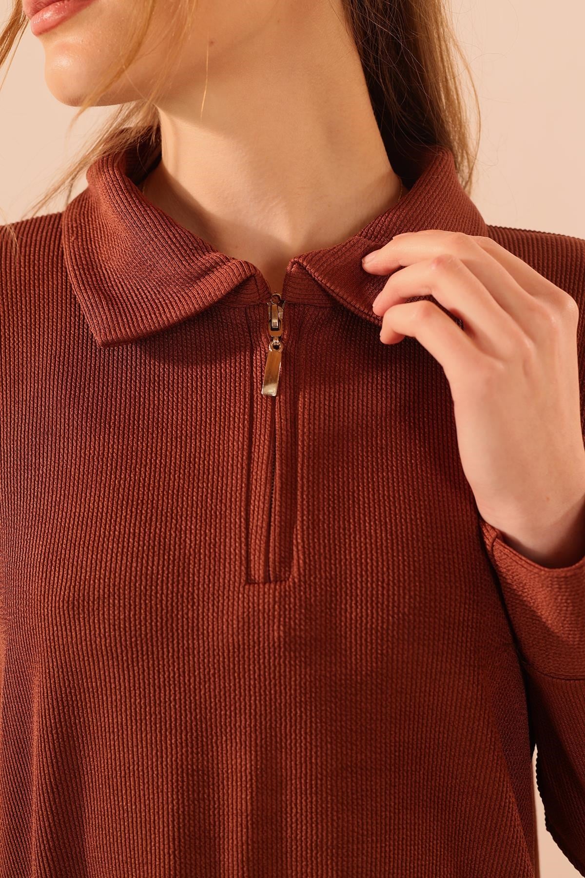 Kahve Fermuarlı Tunik Pantolon Takım 5471