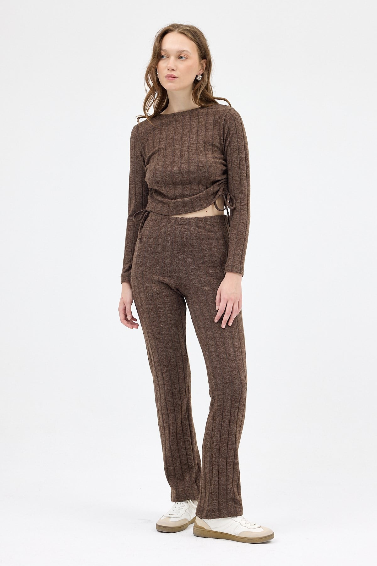 Kahve Fitilli Crop Bluz Pantolon İkili Takımı 8114A