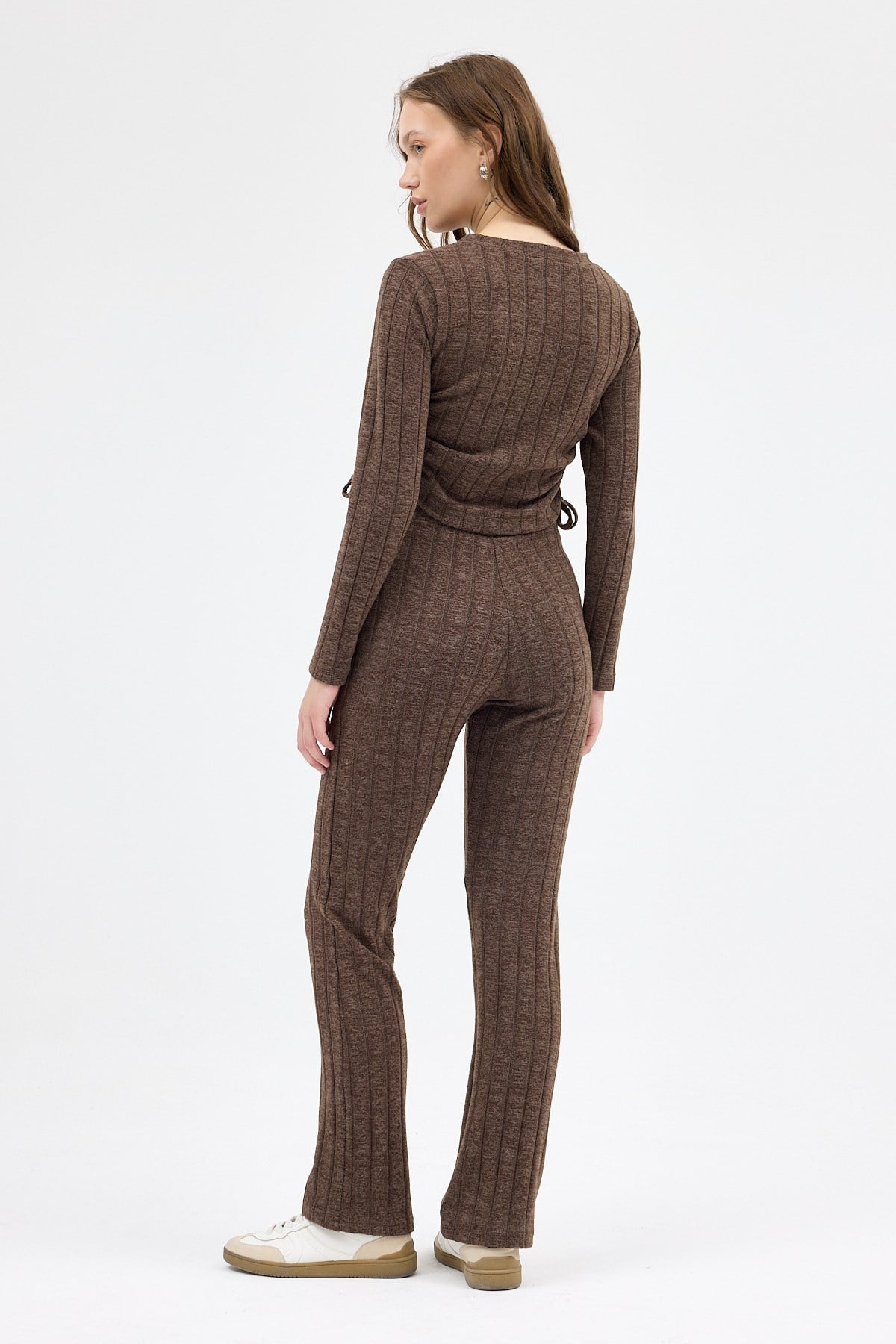 Kahve Fitilli Crop Bluz Pantolon İkili Takımı 8114A