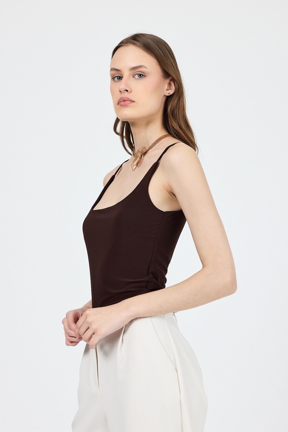 Kahve İnce Askılı Çıtçıtlı Bodysuit 13255
