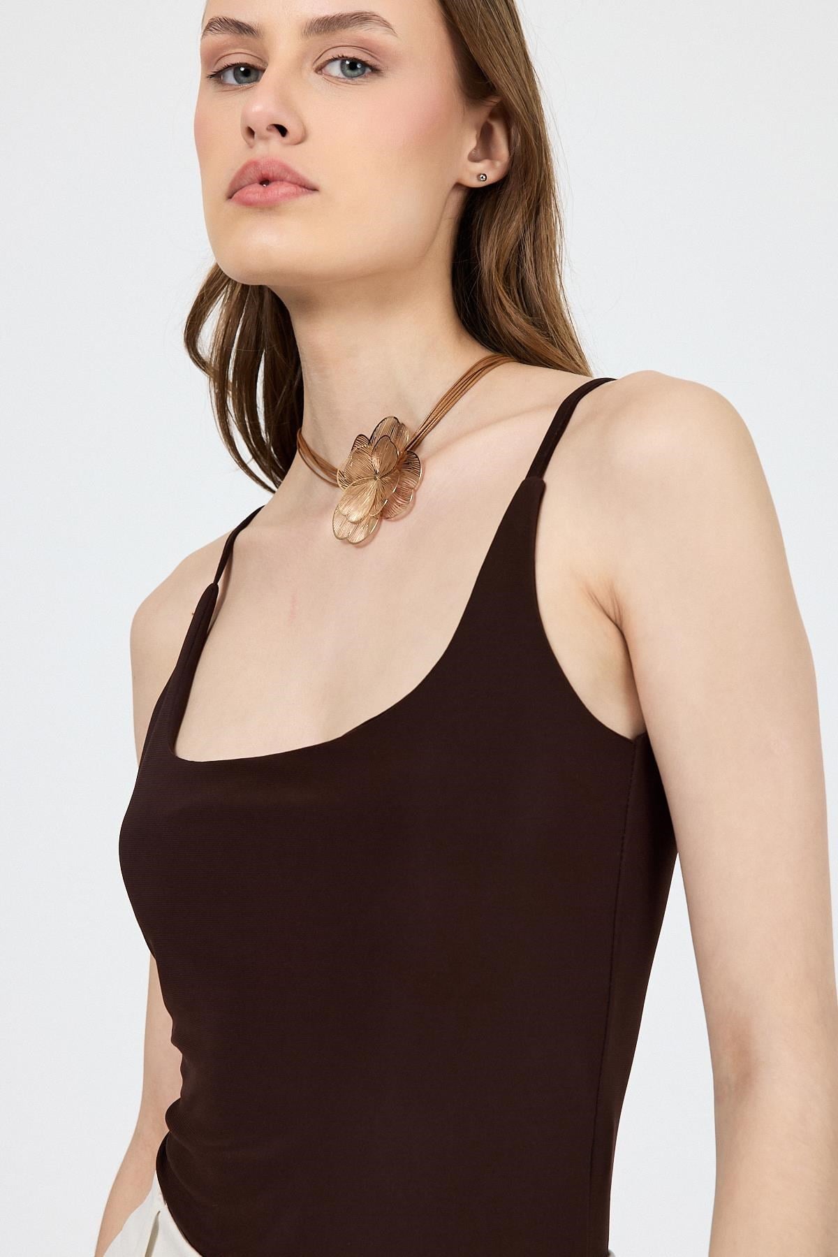Kahve İnce Askılı Çıtçıtlı Bodysuit 13255