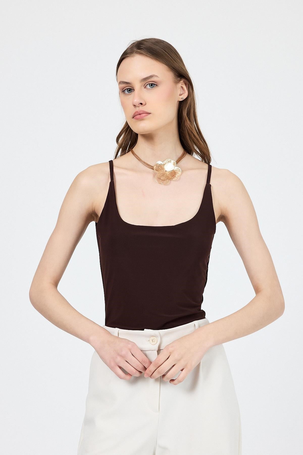 Kahve İnce Askılı Çıtçıtlı Bodysuit 13255