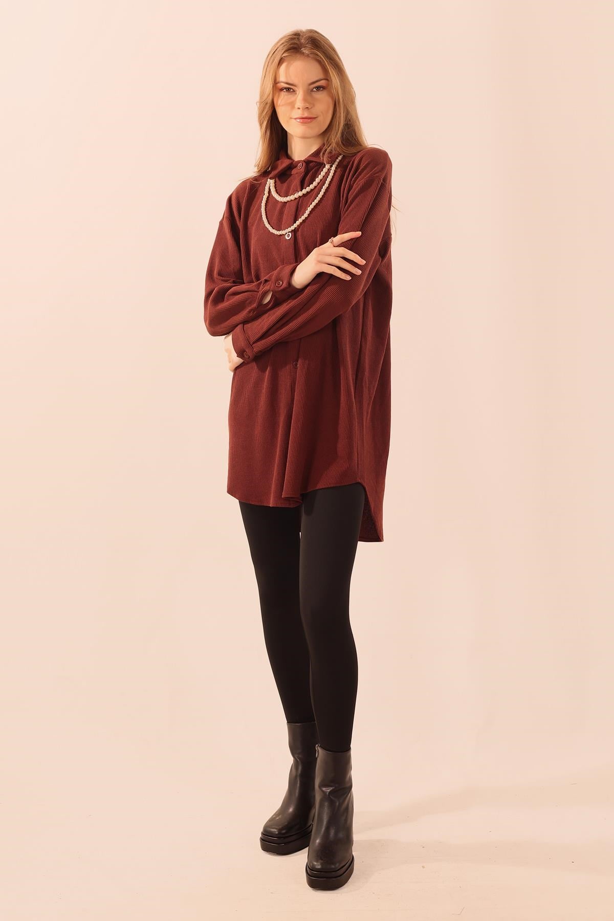 Kahve İnci Kolyeli Tunik 5462